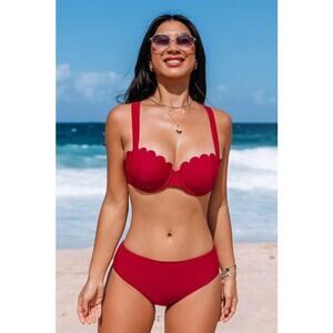 Cupshe Sangria Bliss Red Bikini Set XS Bust Enhancing Scallop Swimwear NEW/NWT!!